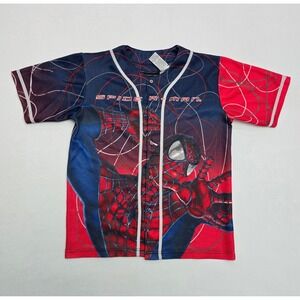 Spider-Man Kids Baseball Jersey VTG Size 14/16 Red Blue Mesh Button Front Shirt